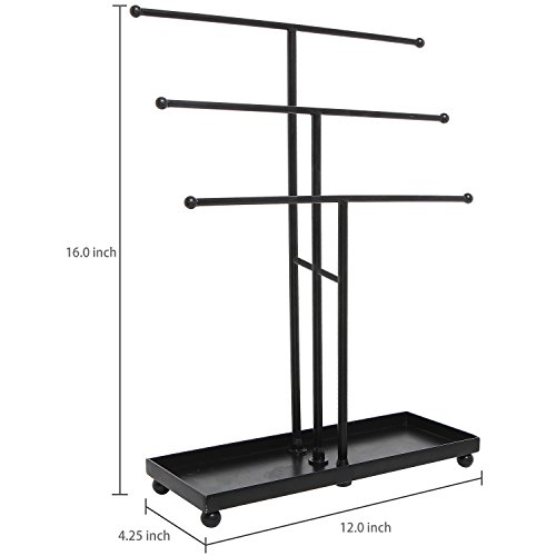 MyGift Modern Jewelry Organizer, 3 Tier Black Metal Tabletop Bracelet and Necklace Jewelry Storage Display Tree Rack with Base Ring Tray