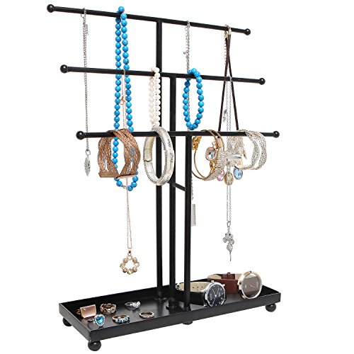 MyGift Modern Jewelry Organizer, 3 Tier Black Metal Tabletop Bracelet and Necklace Jewelry Storage Display Tree Rack with Base Ring Tray