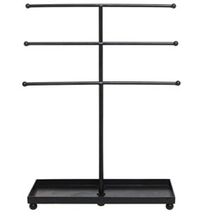 MyGift Modern Jewelry Organizer, 3 Tier Black Metal Tabletop Bracelet and Necklace Jewelry Storage Display Tree Rack with Base Ring Tray