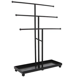 MyGift Modern Jewelry Organizer, 3 Tier Black Metal Tabletop Bracelet and Necklace Jewelry Storage Display Tree Rack with Base Ring Tray