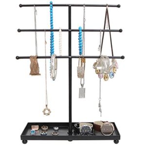 MyGift Modern Jewelry Organizer, 3 Tier Black Metal Tabletop Bracelet and Necklace Jewelry Storage Display Tree Rack with Base Ring Tray