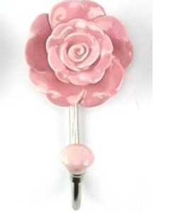 Maithil Art Set of 2 Rose Flower Ethnic Ceramic Key Hat Coat Hook Wall Decor Hook (Pink)