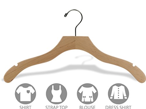 The Great American Hanger Company Wavy Wood Top Hanger, Box of 50 Space Saving 17 Inch Wooden Hangers w/Natural Finish & Chrome Swivel Hook & Notches for Shirt Jacket or Dress