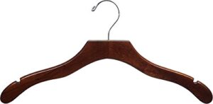 the great american hanger company wavy wood top hanger, box of 100 space saving 17 inch wooden hangers w/walnut finish & chrome swivel hook & notches for shirt jacket or dress