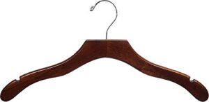wavy wood top hanger, box of 50 space saving 17 inch wooden hangers w/ walnut finish & chrome swivel hook & notches for shirt jacket or dress by the great american hanger company