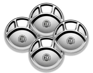 king international stainless steel plates, divided indian dinner plate,four section round plates set of 4, 12'', section control plate, kids plate, indian thali plate