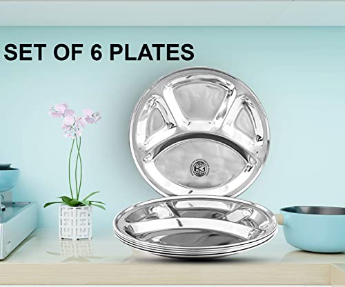 King International Stainless Steel Plates, Divided Dinner Plate Four Section Round Dinner Plates Set of 6, 11 Inches, Round Divided Dinner Plate, divided plates for adults, dinner plates