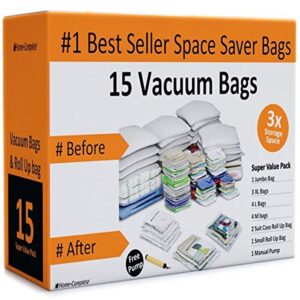 home-complete vacuum storage bags- 15 multi size space saving air tight compression organizers for closet clutter, clothes, linens- pump included