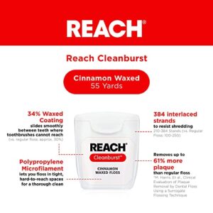 Reach Waxed Dental Floss | Effective Plaque Removal, Extra Wide Cleaning Surface | Shred Resistance & Tension, Slides Smoothly & Easily, PFAS FREE | Cinnamon Flavored, 55 Yards, 1 Pack