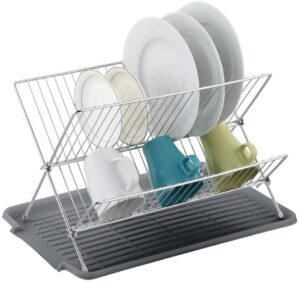 j&v textiles foldable dish drying rack with drainboard, stainless steel 2 tier dish drainer rack, collapsible dish drainer, folding dish rack for kitchen sink, countertop, cutlery, plates (gray)