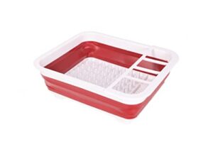 j&v textiles collapsible dish drying rack - popup for easy storage, drain water directly into the sink, room for eight large plates, sectional cutlery and utensil compartment, compact (red)