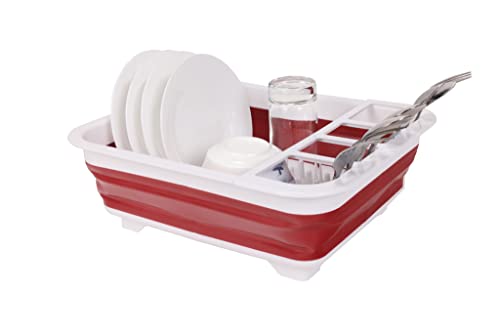 J&V TEXTILES Collapsible Dish Drying Rack - Popup for Easy Storage, Drain Water Directly into The Sink, Room for Eight Large Plates, Sectional Cutlery and Utensil Compartment, Compact (Red)