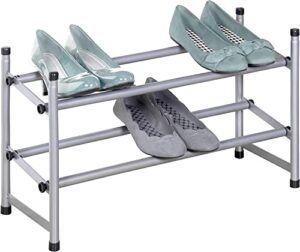 j&v textiles telescoping stackable/expandable free standing shoe rack, 2-tier holds up to 10-pair (silver)