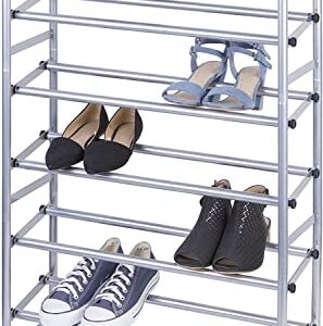 J&V TEXTILES Telescoping Stackable/Expandable Free Standing Shoe Rack, 2-Tier Holds Up To 10-Pair (Silver)