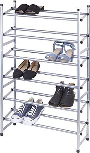 J&V TEXTILES Telescoping Stackable/Expandable Free Standing Shoe Rack, 2-Tier Holds Up To 10-Pair (Silver)