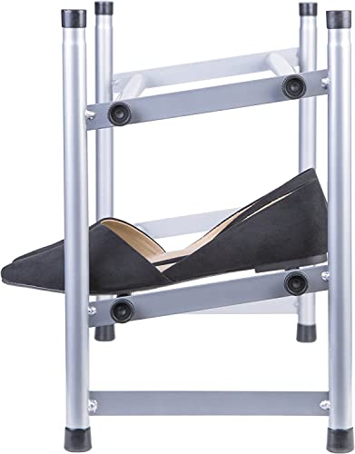 J&V TEXTILES Telescoping Stackable/Expandable Free Standing Shoe Rack, 2-Tier Holds Up To 10-Pair (Silver)