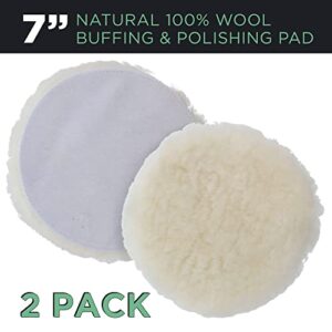 TCP Global 7" All Natural Premium 100% Wool Buffing Pad - 1" Thick Pile- Hook and Loop Grip Attachment Buffing & Polishing Pad (Pack of 2)