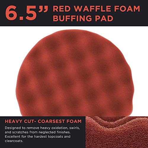 TCP Global 6.5" Red Waffle Heavy Cut Grip Foam Polish Buff Pad - DA Hook & Loop