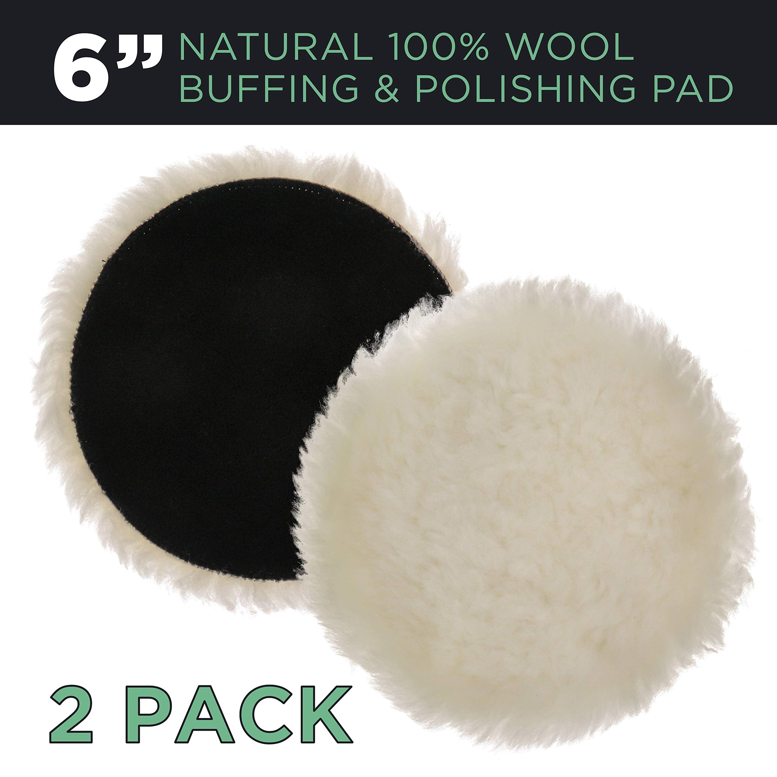 TCP Global 6" All Natural Premium 100% Wool Buffing Pad - 1" Thick Pile- Hook and Loop Grip Attachment Buffing & Polishing Pad (Pack of 2)