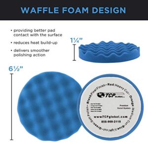 TCP Global 6.5" Blue Waffle Light Cut Grip Foam Polish Buff Pad - DA Hook & Loop