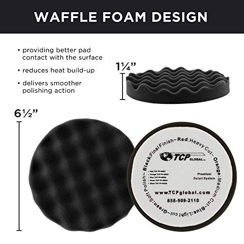 TCP Global 6.5" Black Waffle Final Finishing Grip Foam Polish Pad - DA Hook & Loop