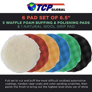 TCP Global 6.5" Waffle Foam and Wool Buffing & Polishing Set - 5 Waffle Foam Pads & 1 Natural Wool Pad - for Hook & Loop Backing