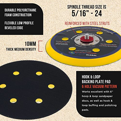 TCP Global 6" Hook & Loop DA Sander & Polisher Backing Plate Pad, 6 Hole Pattern Dustless - Dual-Action Random Orbital Sanding Pad - Low Profile Edge, Medium Density - for Auto Woodworking Sandpaper