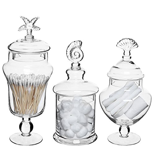 MyGift Clear Glass Apothecary Jars with Lid, Decorative Seashell Design Bathroom Canister, Footed Candy Buffet Containers, Set of 3