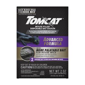 tomcat mouse killer disposable bait station - advanced formula: child and dog resistant, indoor and outdoor use, 2 count, pre-filled, 2 oz.