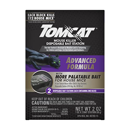 Tomcat Mouse Killer Disposable Bait Station - Advanced Formula: Child and Dog Resistant, Indoor and Outdoor Use, 2 Count, Pre-Filled, 2 oz.