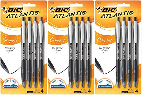 BIC Atlantis Original Retractable Ball Pen, Medium Point, Black, 12 Pens (3 x 4 Count Packages)