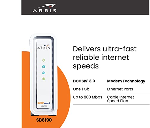 ARRIS SURFboard SB6190 DOCSIS 3.0 32 x 8 Gigabit Cable Modem | Comcast Xfinity, Cox, Spectrum | 1 Gbps Port | 800 Mbps Max Internet Speeds | Easy Set-up SURFboard Central App | 2 Year Warranty,Black