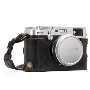 megagear fujifilm x100f ever ready genuine leather camera half case and strap, with battery access - black - mg1281