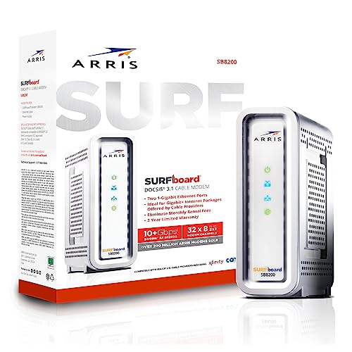 ARRIS SURFboard SB8200 DOCSIS 3.1 Cable Modem | Approved for Comcast Xfinity, Cox, Charter Spectrum, & more | Two 1 Gbps Ports | 1 Gbps Max Internet Speeds | 4 OFDM Channels | 2 Year Warranty,White