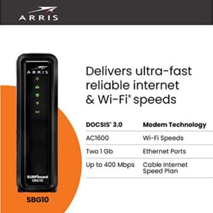 ARRIS SURFboard SBG10 DOCSIS 3.0 16 x 4 Gigabit Cable Modem & AC1600 Wi-Fi Router | Comcast Xfinity, Cox, Spectrum | Two 1 Gbps Ports | 400 Mbps Max Internet Speeds | SURFboard App | 2 Year Warranty