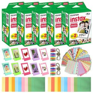 fujifilm instax mini instant film (5 pack, 100 sheets) 10 plastic desk frames + 20 paper frames plus 60 sticker frames
