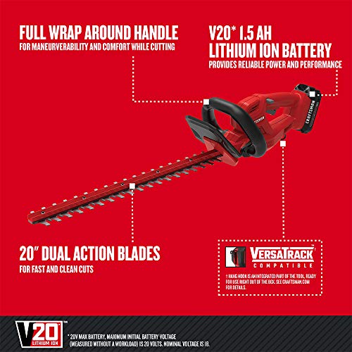 CRAFTSMAN V20 Cordless Hedge Trimmer, 20 inch, Battery and Charger Included (CMCHT810C1)