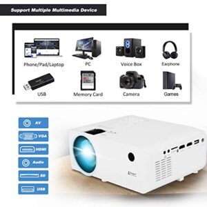 Living Enrichment Mini Projector, 1080P HD Supported Portable Video Projector, 7000 Lumen 50,000 Hours Led Lamp, 200'' Projection Display, Compatible with HDMI VGA USB DVD for Home Entertainment White