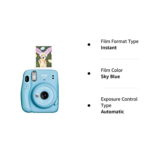 Fujifilm Instax Mini 11 Instant Film Camera with Automatic Exposure and Flash, Polaroid Camera, Fujinon 60mm Lens with Selfie Mirror, Optical Viewfinder - Sky Blue (Renewed)