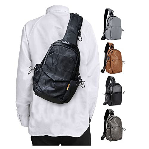Small Sling Crossbody Backpack Shoulder Messenger Bag for Men Women, Mini Anti Theft One Strap Motorcycle Backpack Sling Tactical Chest Bag for Hiking Walking Biking Travel Cycling Camouflage Black