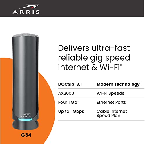 ARRIS Surfboard G34 DOCSIS 3.1 Gigabit Cable Modem & Wi-Fi 6 Router (AX3000) | Approved for Comast Xfinity, Cox, Spectrum & More | Four 1 Gbps Ports | 1 Gbps Max Internet Speeds | 2 Year Warranty