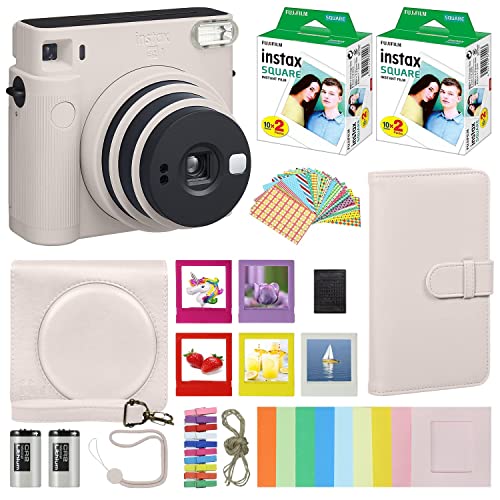 Fujifilm Instax Square SQ1 Instant Camera Chalk White with Carrying Case + Fuji Instax Film Value Pack (40 Sheets) Accessories Bundle, Photo Album, Assorted Frames + More