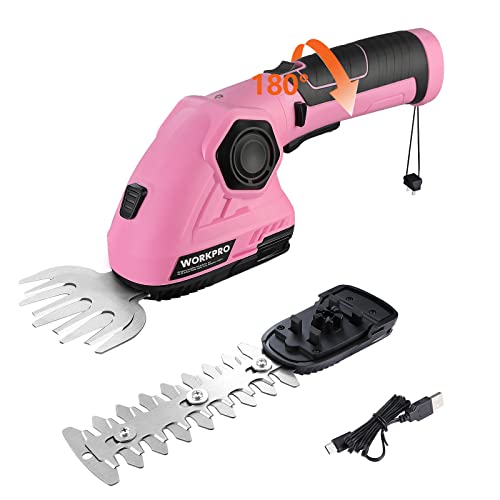 WORKPRO Pink Cordless Grass Shear & Shrubbery Trimmer - 2 in 1 Handheld Hedge Trimmer 7.2V Electric Grass Trimmer Hedge Shears/Grass Cutter 2.0Ah Rechargeable Lithium-Ion Battery - Pink Ribbon