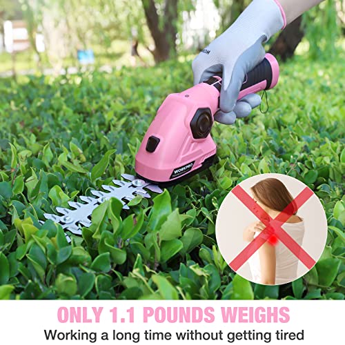 WORKPRO Pink Cordless Grass Shear & Shrubbery Trimmer - 2 in 1 Handheld Hedge Trimmer 7.2V Electric Grass Trimmer Hedge Shears/Grass Cutter 2.0Ah Rechargeable Lithium-Ion Battery - Pink Ribbon