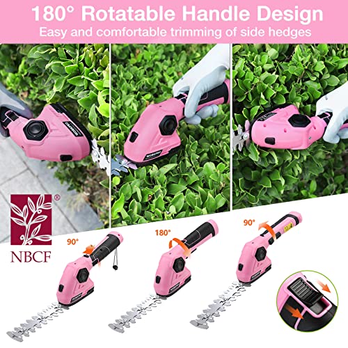 WORKPRO Pink Cordless Grass Shear & Shrubbery Trimmer - 2 in 1 Handheld Hedge Trimmer 7.2V Electric Grass Trimmer Hedge Shears/Grass Cutter 2.0Ah Rechargeable Lithium-Ion Battery - Pink Ribbon