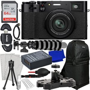 fujifilm x100v digital camera (black) + sandisk 64gb ultra sdxc, portable mini metal camera dolly, spare battery, water-resistant sling backpack, mini “gripster” tripod & much more (23pc bundle)