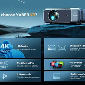 [Auto Focus] YABER Pro V9 4K Projector with WiFi 6 and Bluetooth 5.2, 500 ANSI Native 1080P Outdoor Movie Projector, Auto 6D Keystone & 50% Zoom, Home Theater Projector for Phone/TV Stick/PC