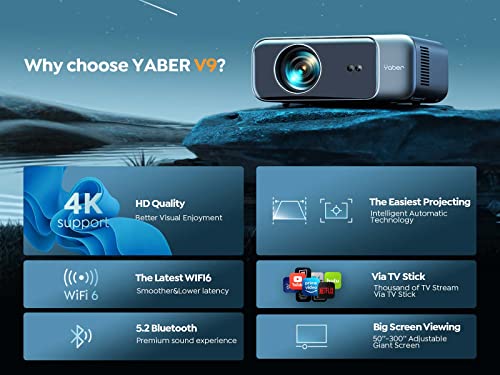 [Auto Focus] YABER Pro V9 4K Projector with WiFi 6 and Bluetooth 5.2, 500 ANSI Native 1080P Outdoor Movie Projector, Auto 6D Keystone & 50% Zoom, Home Theater Projector for Phone/TV Stick/PC