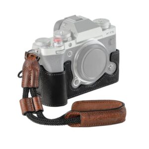 smallrig x-t5 half case with wrist strap and shutter button, retro style brown leather camera case with aluminum baseplate, cover for fujifilm x-t5-3927