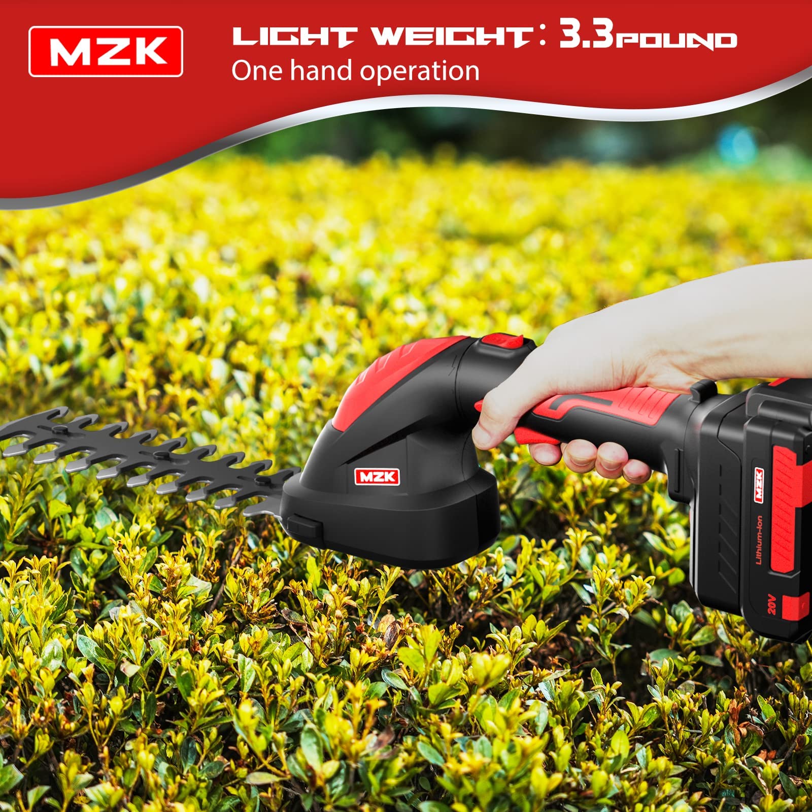 MZK 8'' Cordless Grass Shear, 20V Handed Electric Bush Trimmer, Hedge Trimmer, Portable Battery Operated Shrubber Trimmer(2AH Battery and Charger Included)